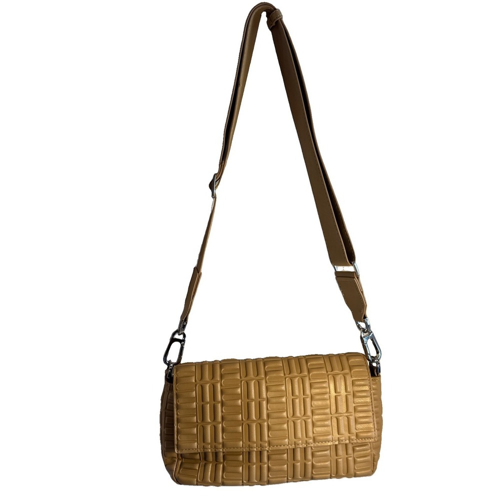 MNG Mango Beige Crossbody Bag 3D Geo Textured Small Shopper Purse Snap Flap EUC